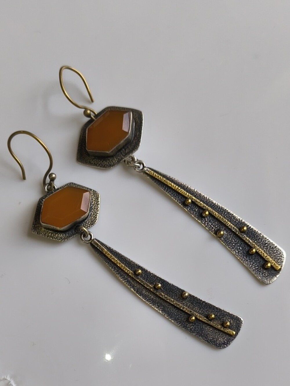Artisan Orange Aventurine Hexagon Drop Earrings with Mixed Metal Accents Boho - Picture 4 of 8